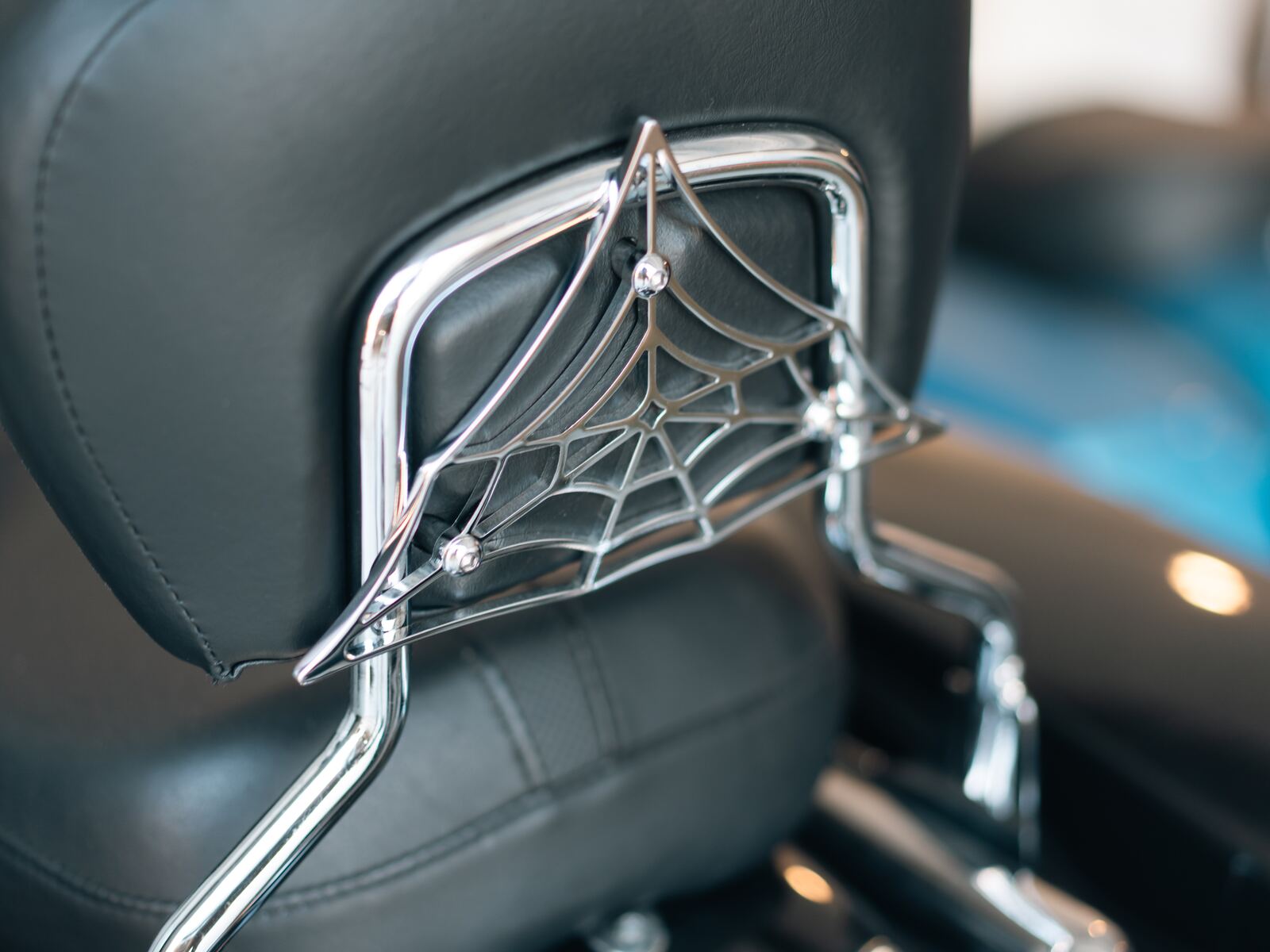 Chrome web detail with the factory sissy bar